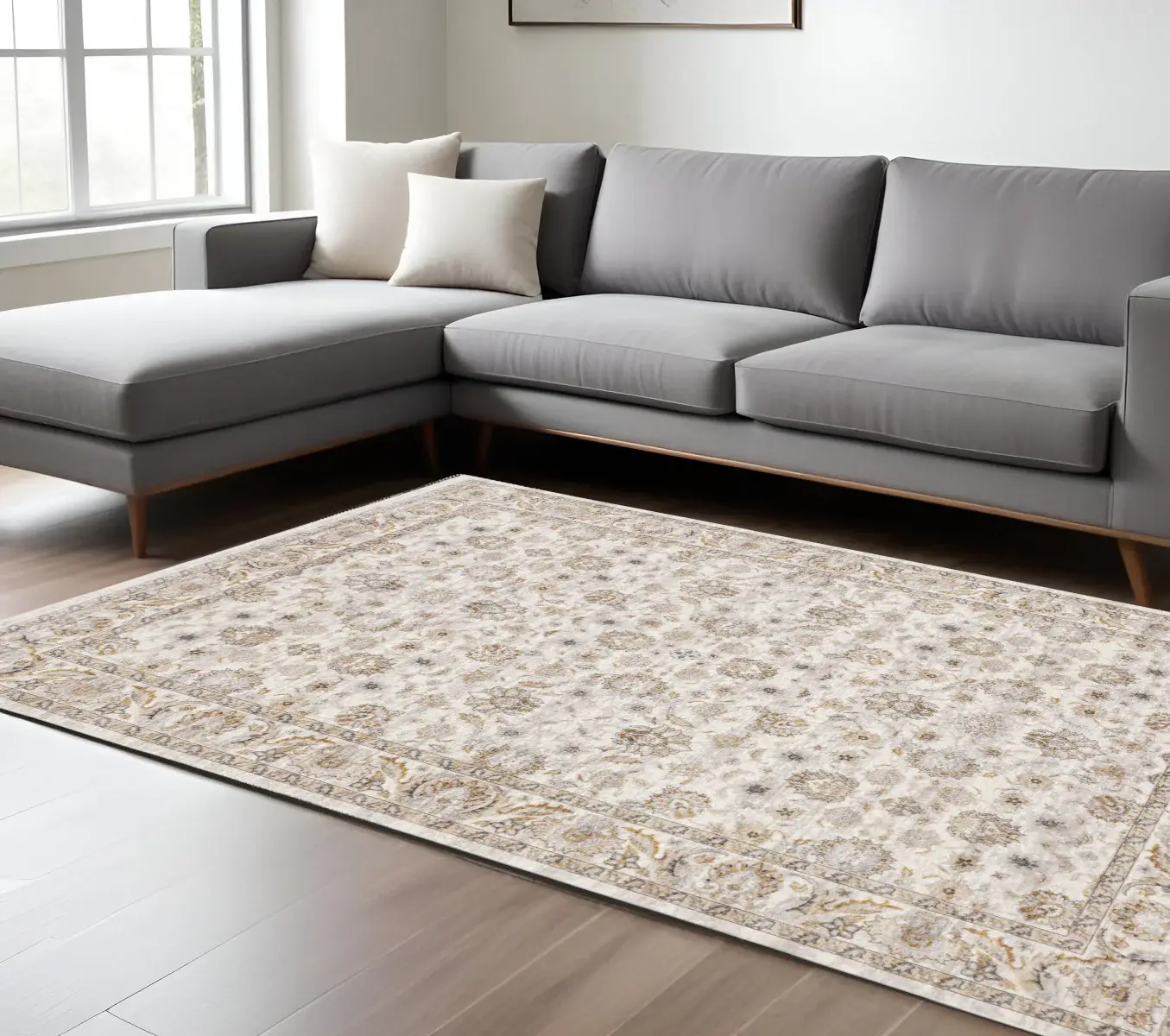6' X 9' Ivory And Grey Oriental Power Loom Stain Resistant Area Rug With Fringe