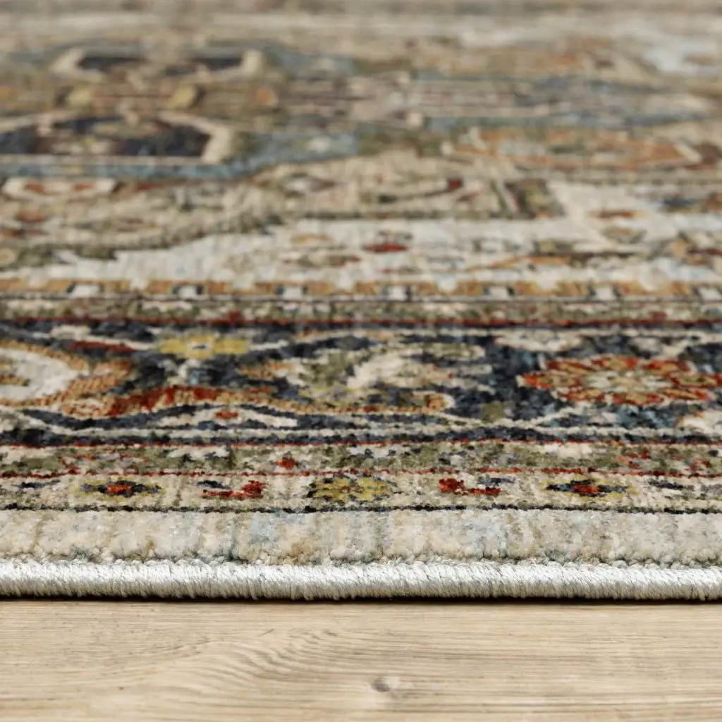 6' X 9' Ivory Beige Blue Orange Gold Green Grey And Rust Oriental Power Loom Stain Resistant Area Rug With Fringe - Image 4