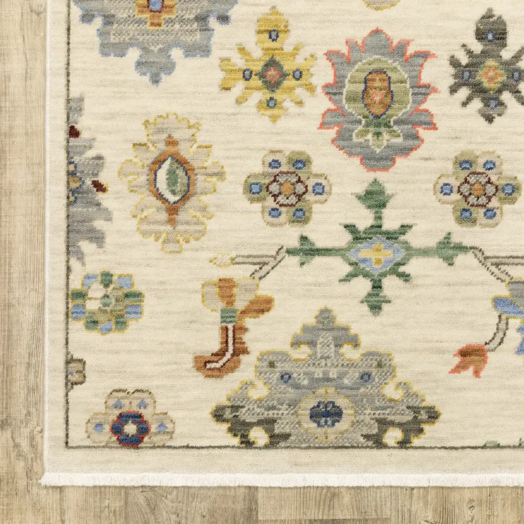 6' X 9' Ivory Beige Gold Grey Blue Pink Red Rust And Green Oriental Power Loom Stain Resistant Area Rug With Fringe - Image 4