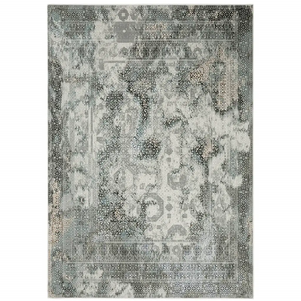 6' X 9' Ivory Grey Charcoal Blue And Rust Oriental Power Loom Stain Resistant Area Rug - Image 2
