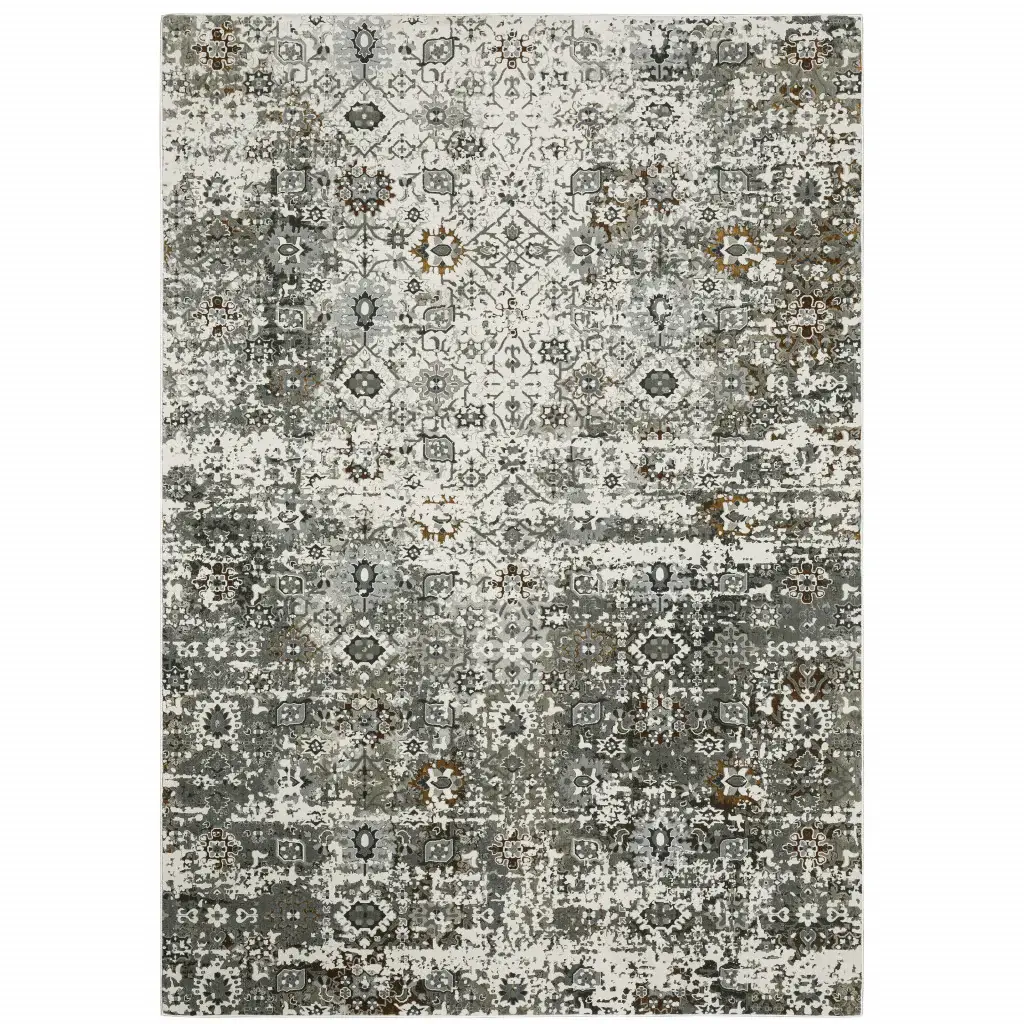6' X 9' Ivory Grey Charcoal Rust Gold And Brown Oriental Power Loom Stain Resistant Area Rug - Image 2