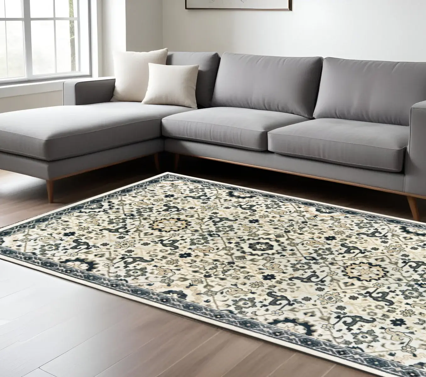 6' X 9' Ivory Navy And Gold Oriental Power Loom Stain Resistant Area Rug