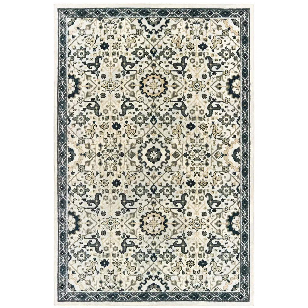 6' X 9' Ivory Navy And Gold Oriental Power Loom Stain Resistant Area Rug - Image 2