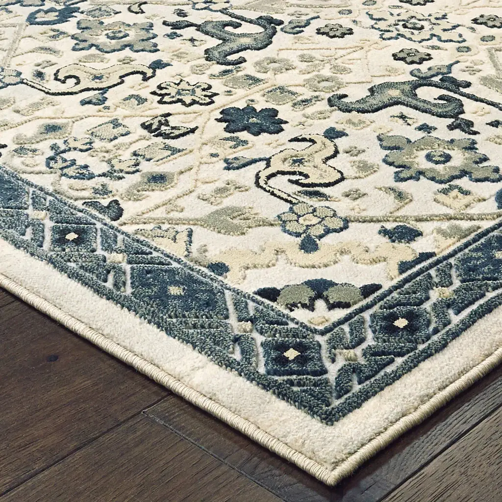 6' X 9' Ivory Navy And Gold Oriental Power Loom Stain Resistant Area Rug - Image 4