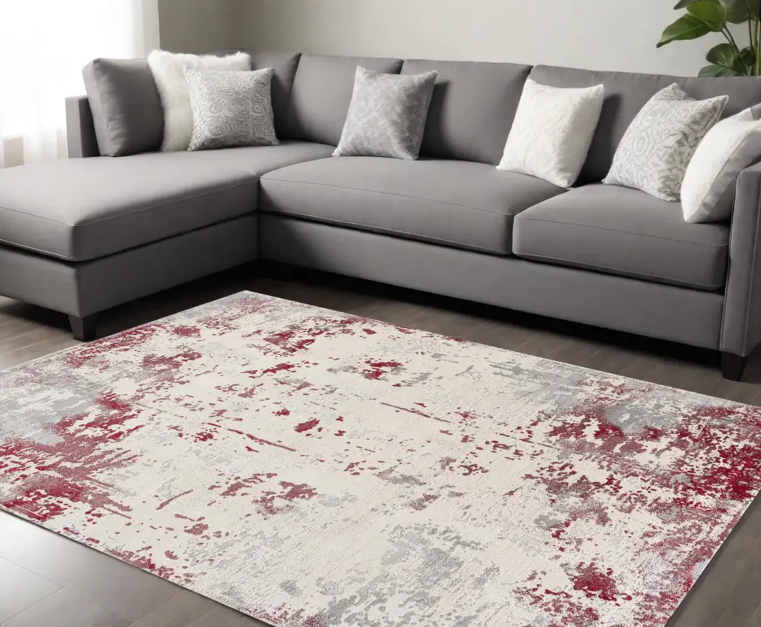 6' X 9' Ivory Red and Gray Abstract Area Rug