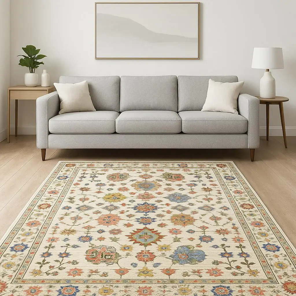6' X 9' Ivory Salmon Pink Gold Blues Grey Rust And Green Oriental Power Loom Stain Resistant Area Rug With Fringe