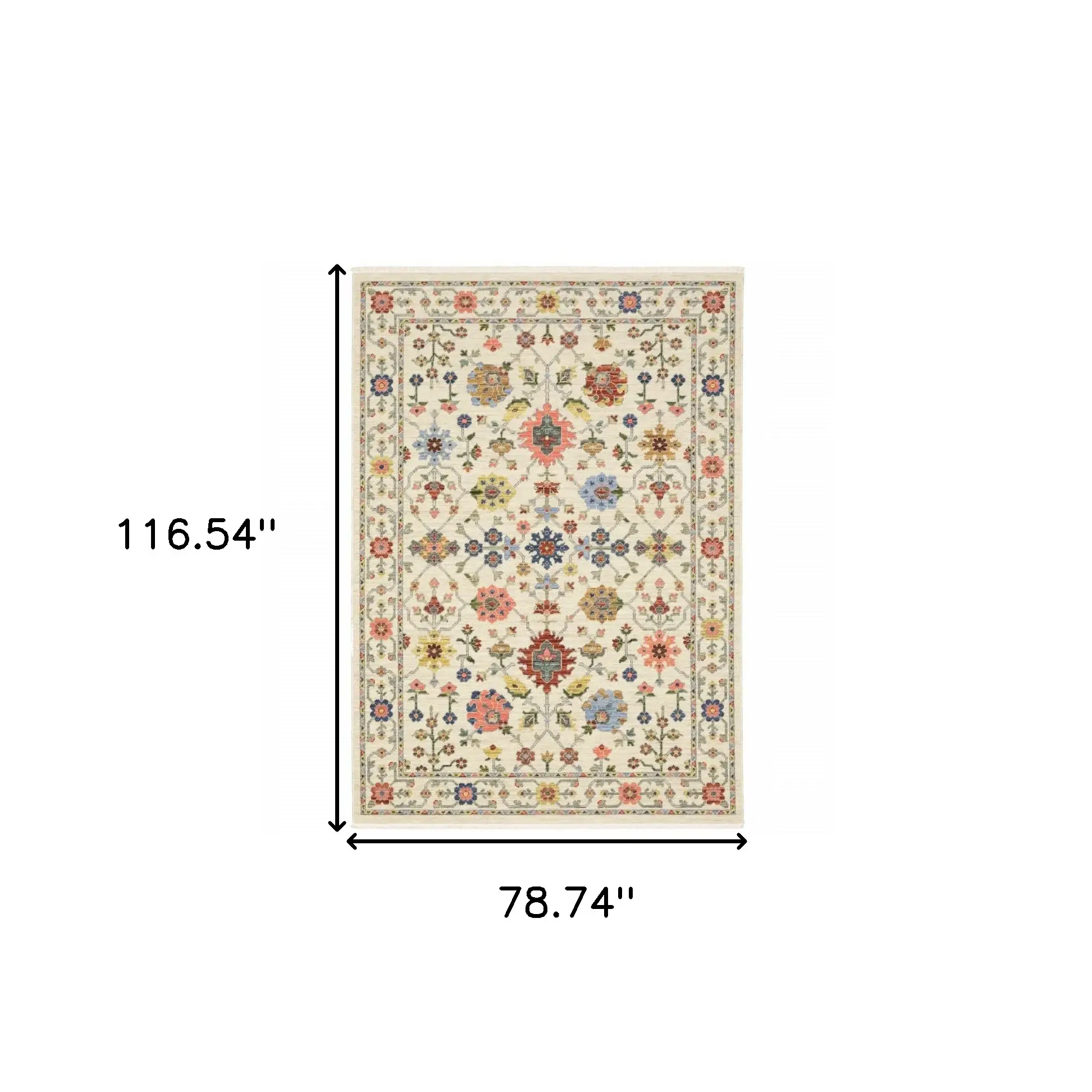 6' X 9' Ivory Salmon Pink Gold Blues Grey Rust And Green Oriental Power Loom Stain Resistant Area Rug With Fringe - Image 3