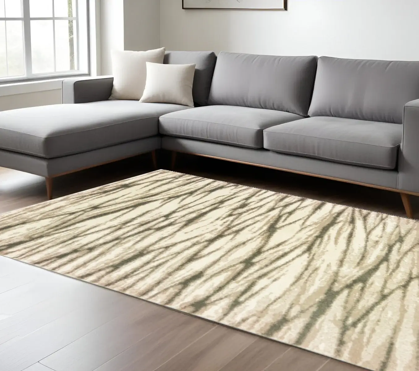 6' X 9' Ivory Sand And Ash Abstract Power Loom Stain Resistant Area Rug