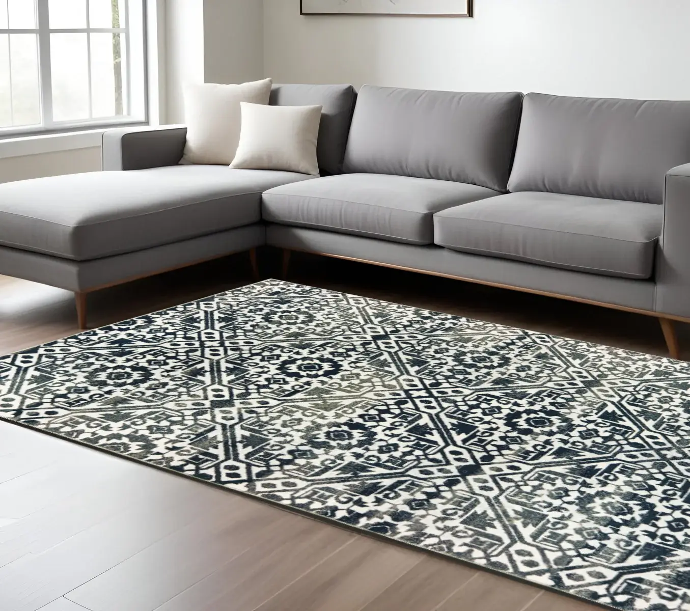 6' X 9' Navy And Ivory Geometric Power Loom Stain Resistant Area Rug