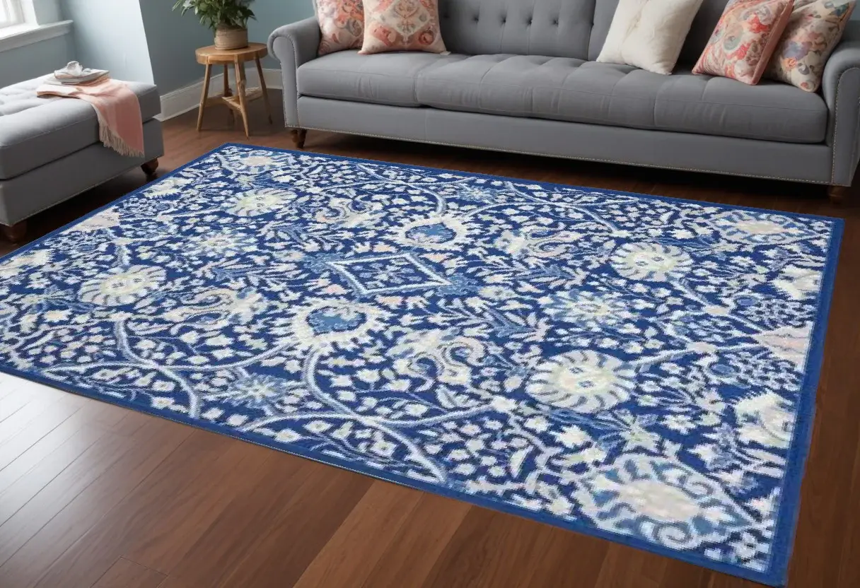 6' X 9' Navy Blue Floral Dhurrie Area Rug
