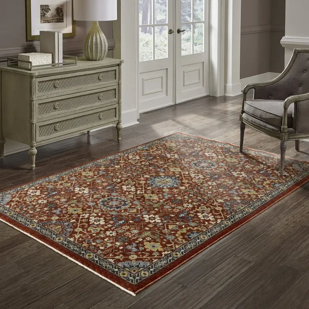 6' X 9' Red Blue Gold And Ivory Oriental Power Loom Stain Resistant Area Rug With Fringe - Image 8