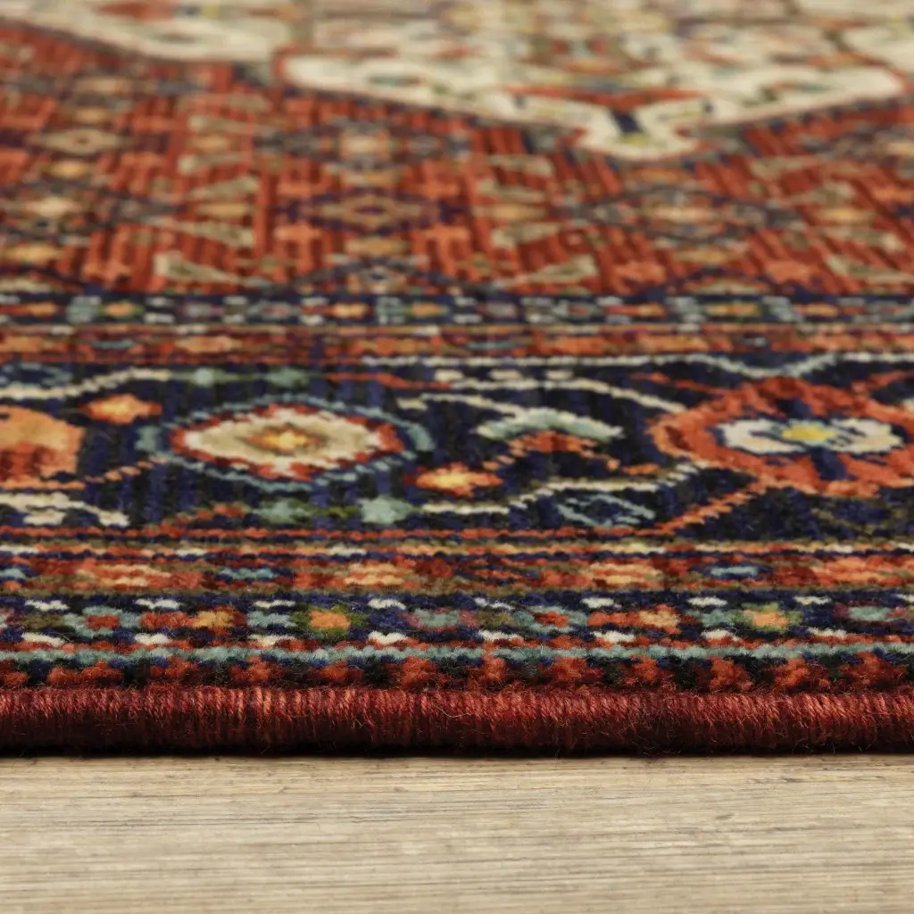 6' X 9' Red Blue Ivory And Orange Oriental Power Loom Stain Resistant Area Rug With Fringe - Image 4