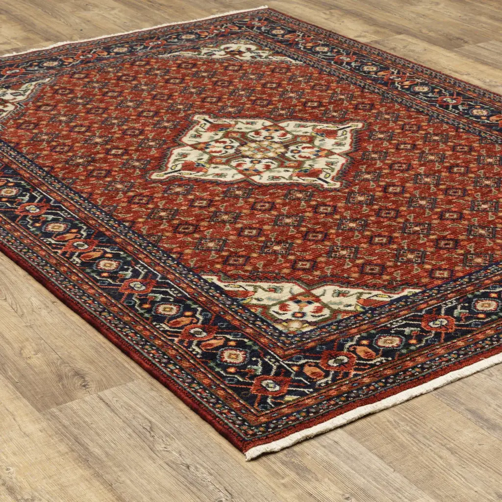 6' X 9' Red Blue Ivory And Orange Oriental Power Loom Stain Resistant Area Rug With Fringe - Image 8