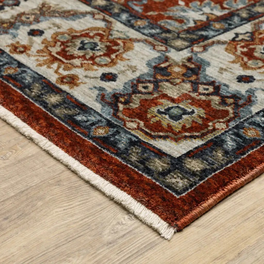 6' X 9' Red Blue Ivory Gold And Navy Oriental Power Loom Stain Resistant Area Rug With Fringe - Image 5