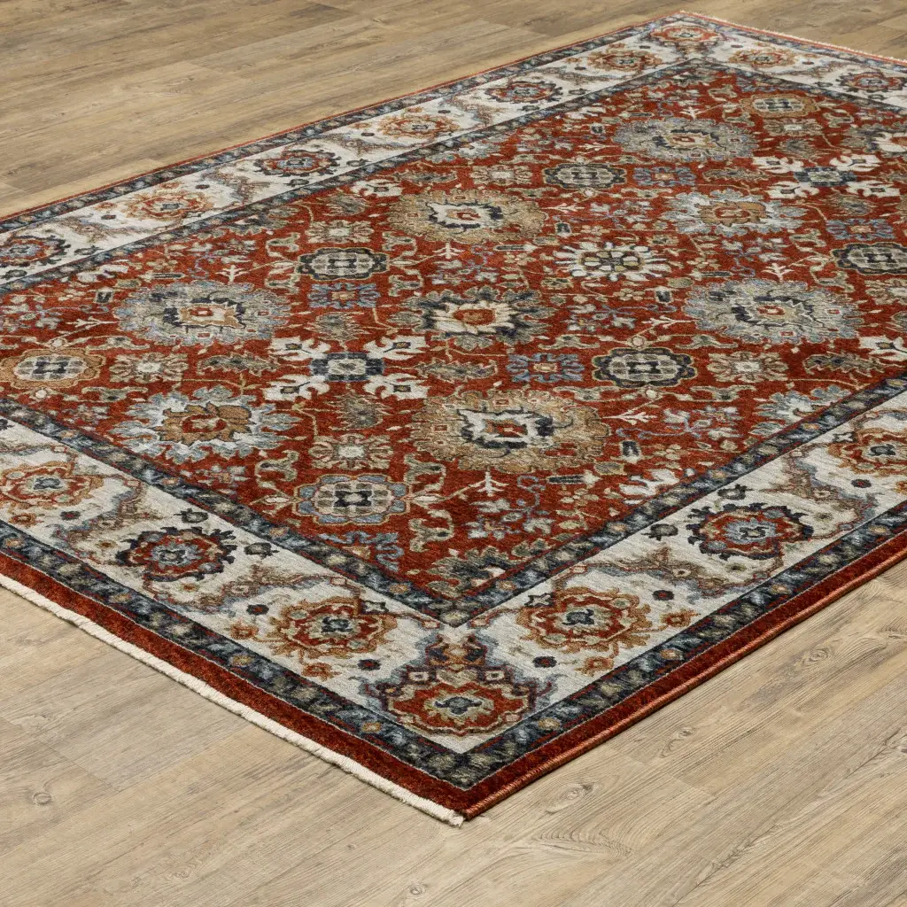 6' X 9' Red Blue Ivory Gold And Navy Oriental Power Loom Stain Resistant Area Rug With Fringe - Image 6