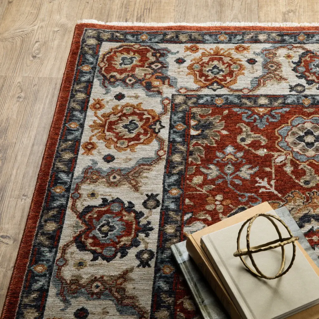 6' X 9' Red Blue Ivory Gold And Navy Oriental Power Loom Stain Resistant Area Rug With Fringe - Image 7