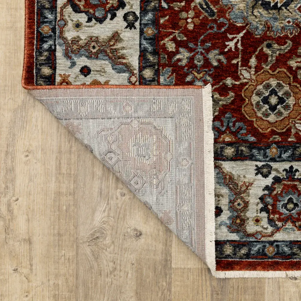 6' X 9' Red Blue Ivory Gold And Navy Oriental Power Loom Stain Resistant Area Rug With Fringe - Image 8