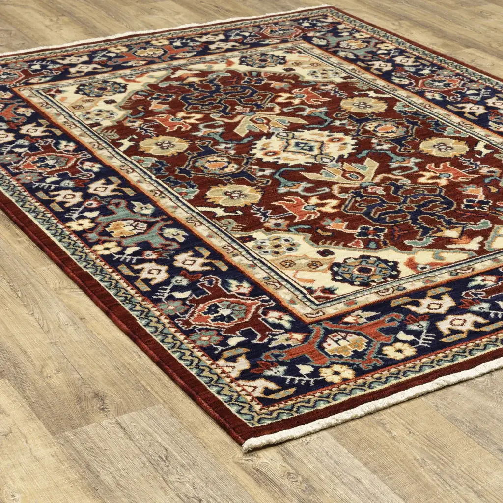 6' X 9' Red Blue Orange And Beige Oriental Power Loom Stain Resistant Area Rug With Fringe - Image 7