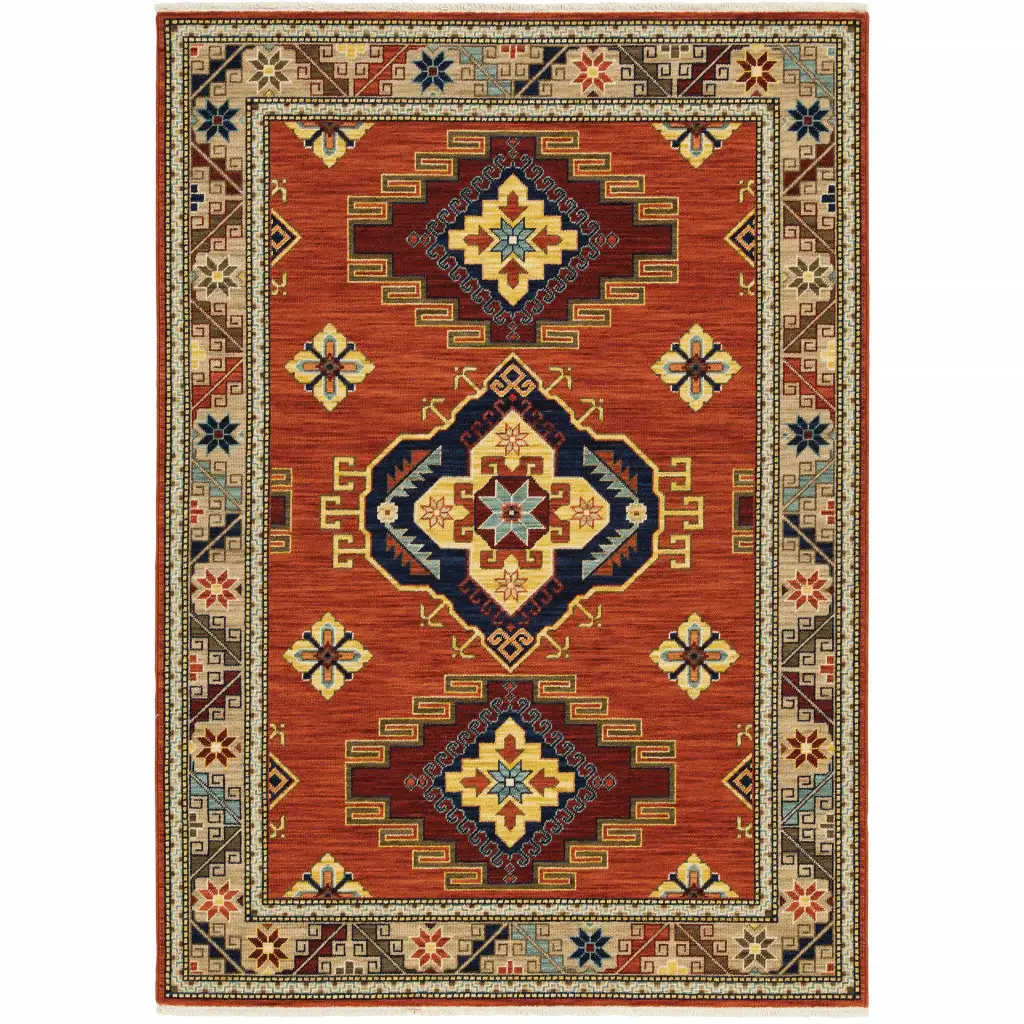 6' X 9' Red Gold Blue Brown Oriental Power Loom Stain Resistant Area Rug With Fringe