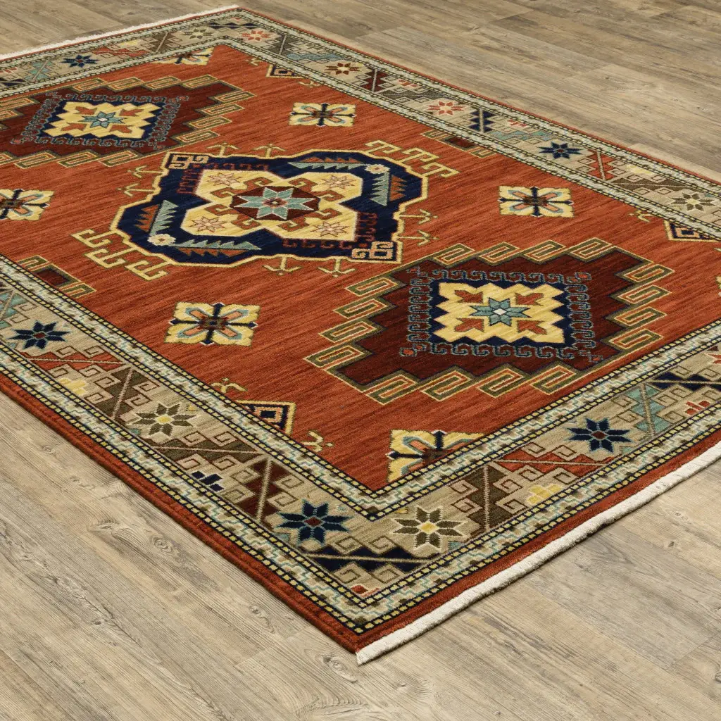 6' X 9' Red Gold Blue Brown Oriental Power Loom Stain Resistant Area Rug With Fringe - Image 5