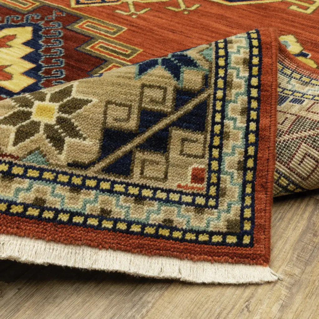 6' X 9' Red Gold Blue Brown Oriental Power Loom Stain Resistant Area Rug With Fringe - Image 6