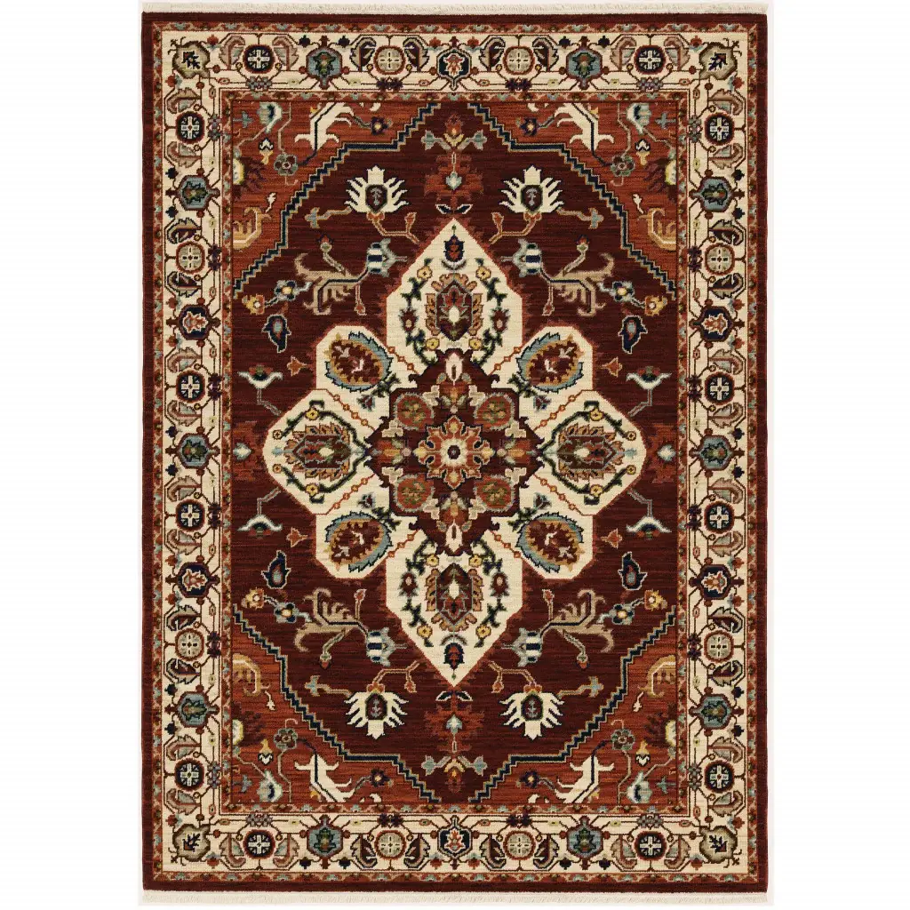 6' X 9' Red Ivory Orange And Blue Oriental Power Loom Stain Resistant Area Rug With Fringe