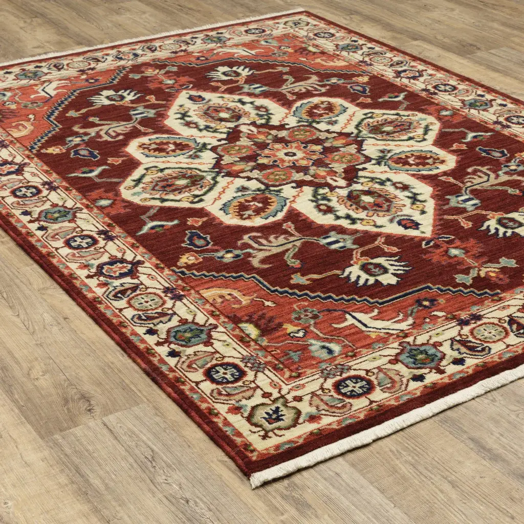 6' X 9' Red Ivory Orange And Blue Oriental Power Loom Stain Resistant Area Rug With Fringe - Image 6