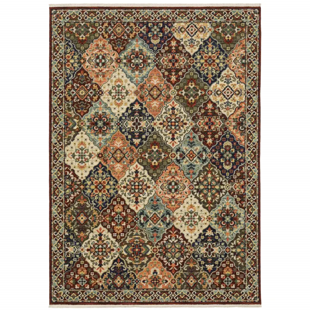 6' X 9' Red Rust Navy Light Blue Brown Orange Ivory And Gold Oriental Power Loom Stain Resistant Area Rug With Fringe - Image 2