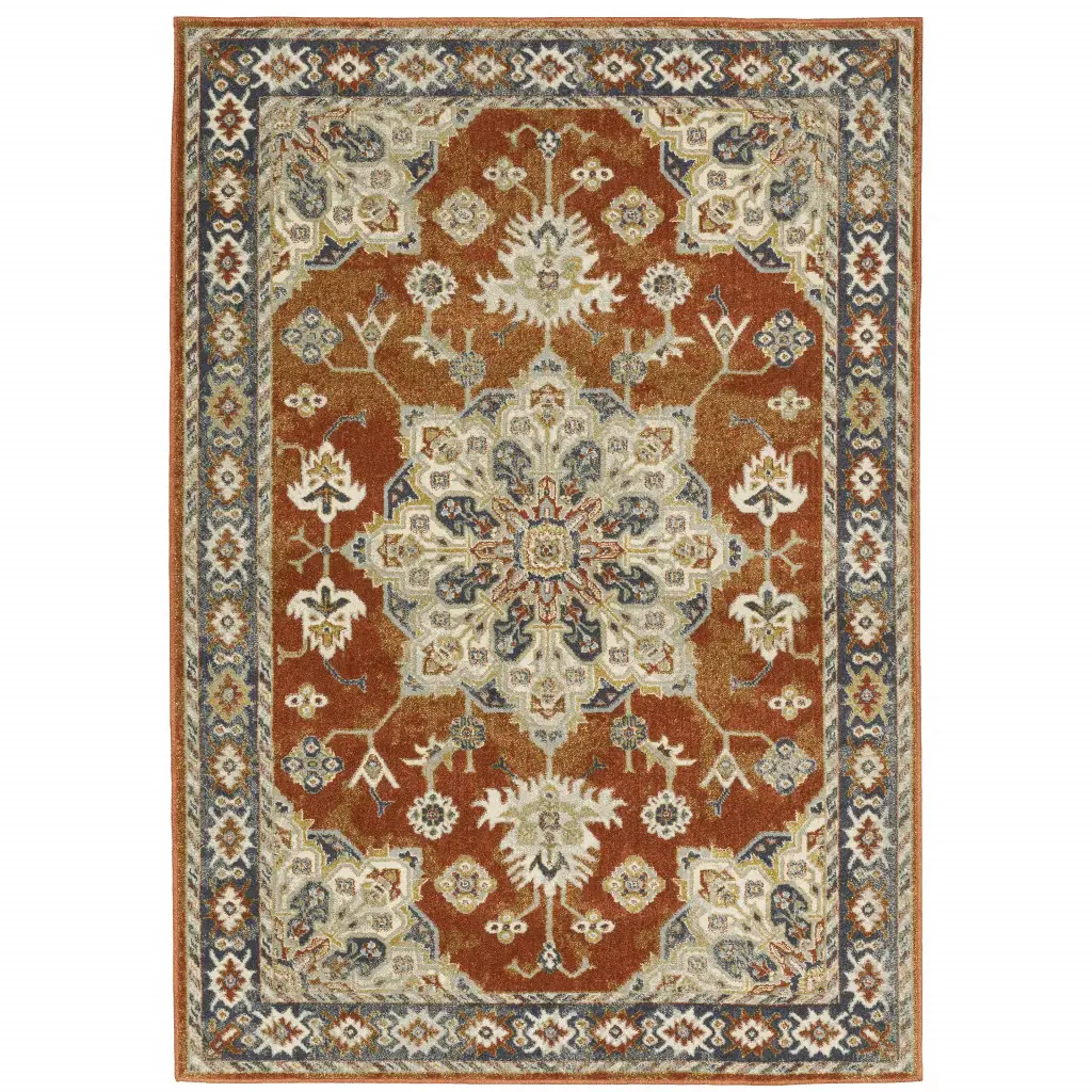6' X 9' Rust Beige Teal Blue And Gold Oriental Power Loom Stain Resistant Area Rug - Image 2