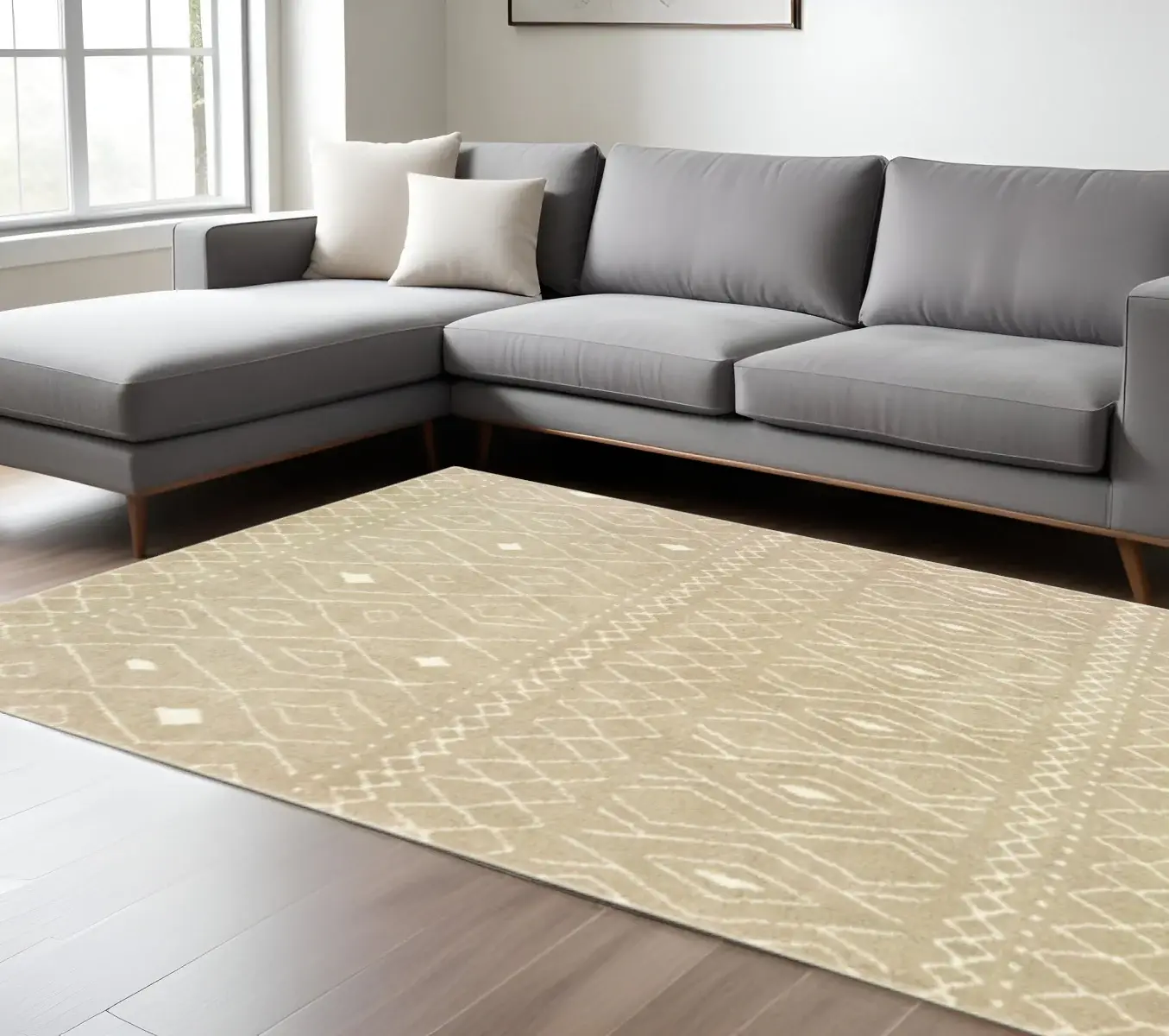 6' X 9' Sand And Ivory Geometric Power Loom Stain Resistant Area Rug