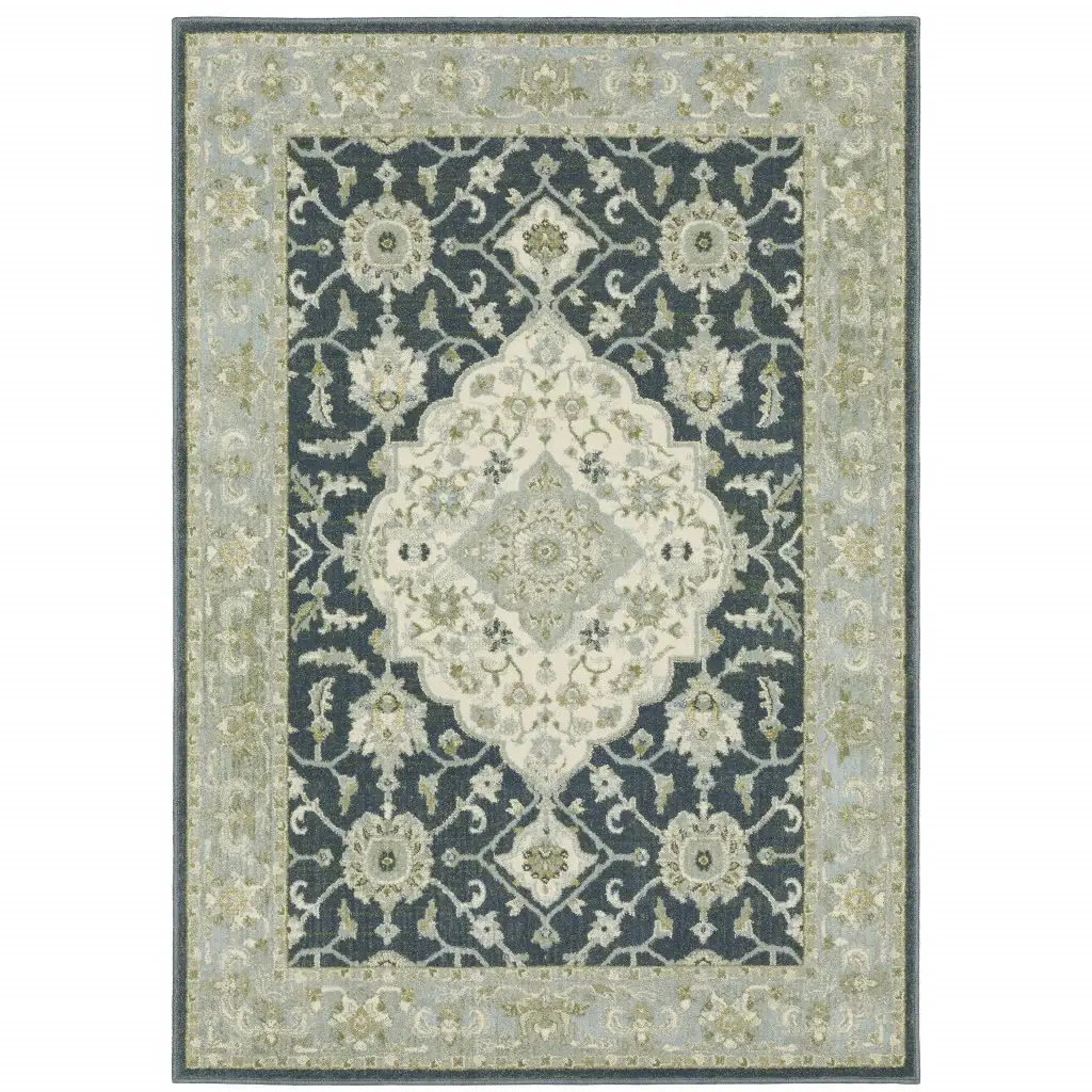 6' X 9' Teal Blue Ivory Green And Grey Oriental Power Loom Stain Resistant Area Rug