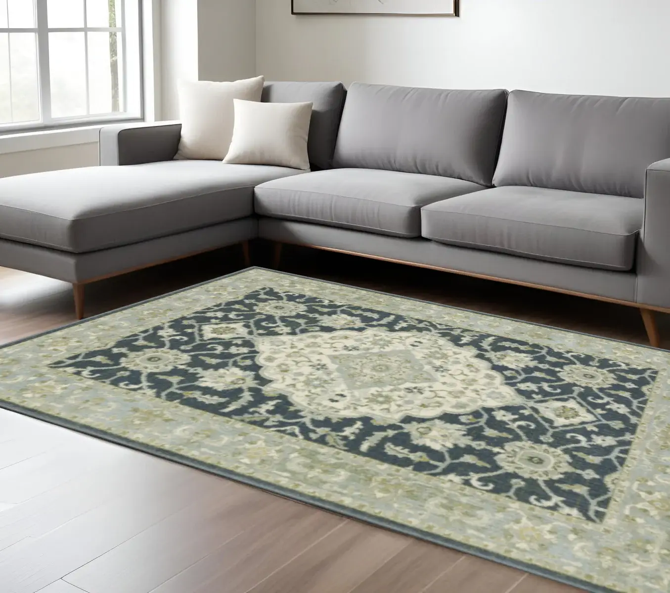6' X 9' Teal Blue Ivory Green And Grey Oriental Power Loom Stain Resistant Area Rug - Image 2