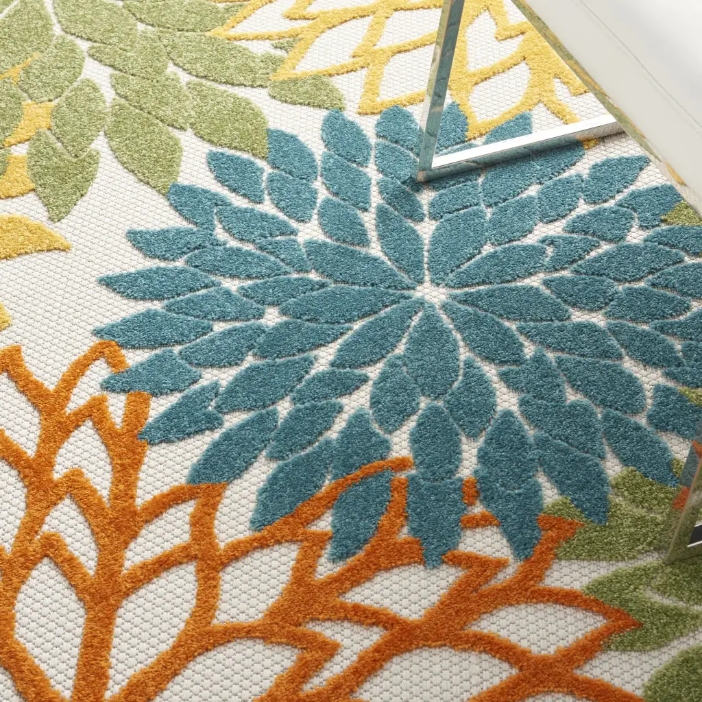 6' X 9' Turquoise Floral Non Skid Indoor Outdoor Area Rug - Image 4