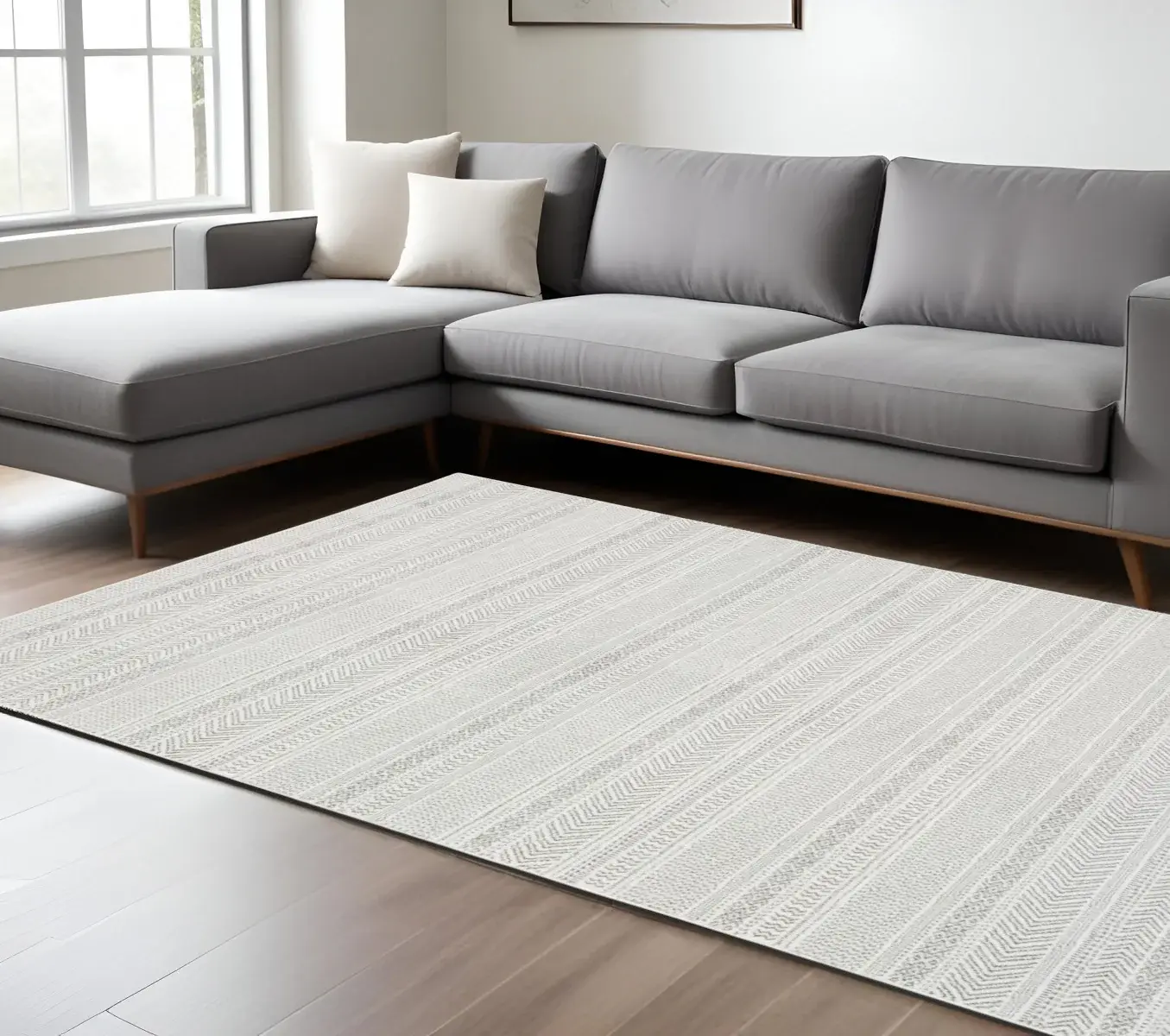 6' X 9' White And Grey Geometric Power Loom Stain Resistant Area Rug