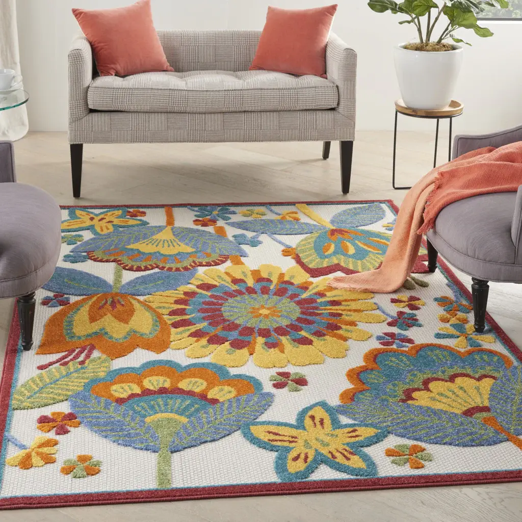 6' X 9' Yellow And Ivory Floral Indoor Outdoor Area Rug - Image 6