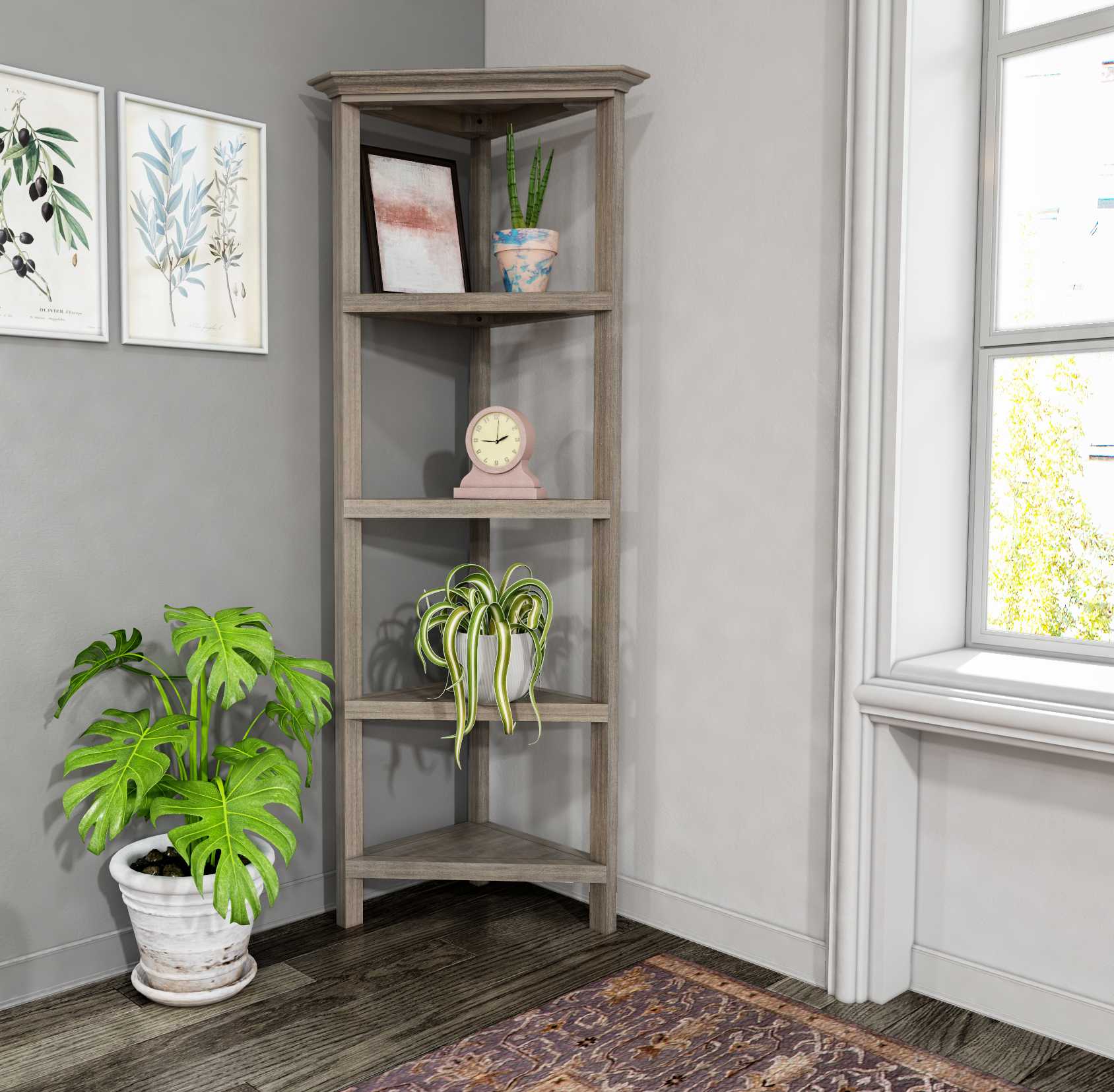 60" Washed Grey Solid Wood Corner Bookcase - Image 7