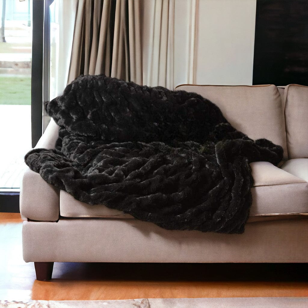 60" X 2" Black Faux Fur Plush Throw Blanket - Image 2