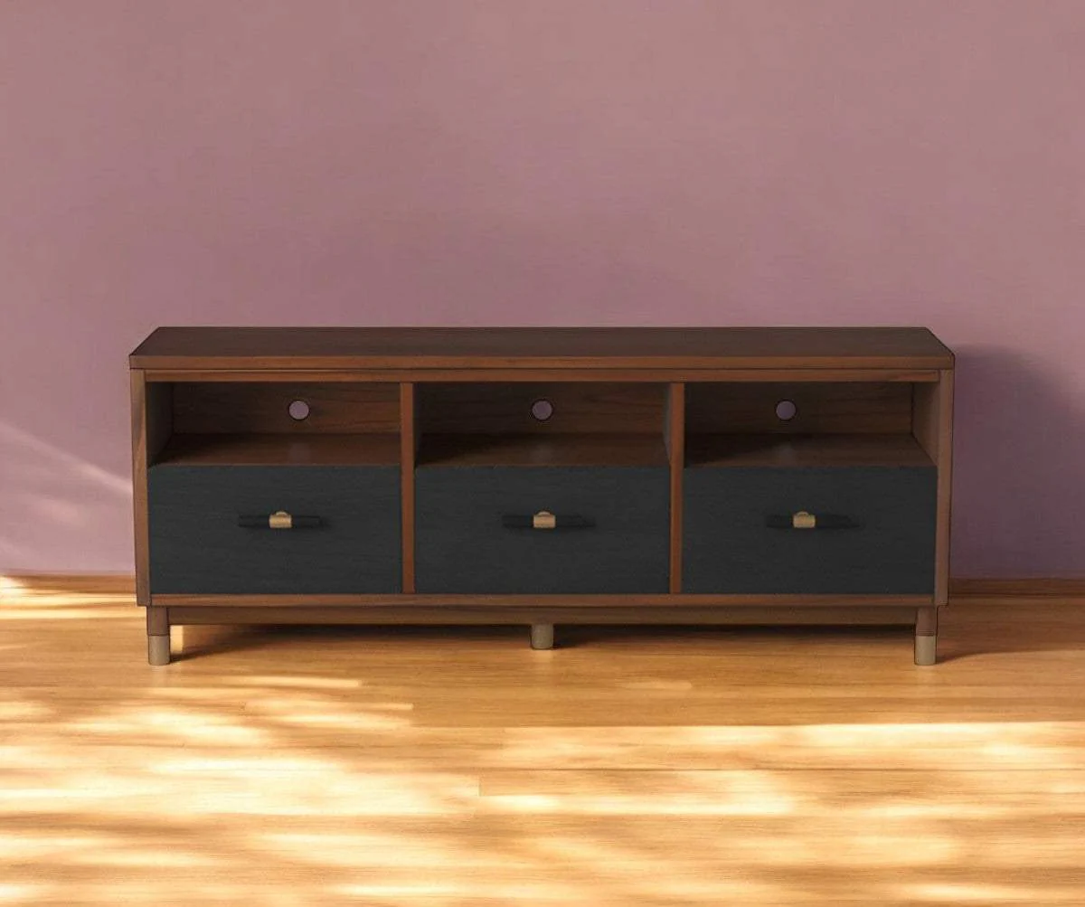 61" Brown and Black Solid Wood Open Shelving TV Stand - Image 2