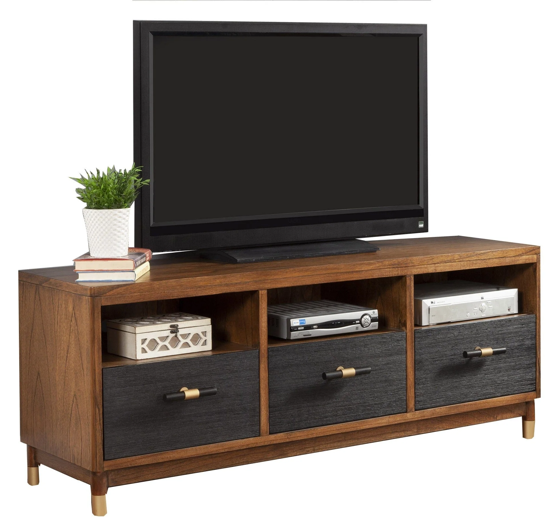 61" Brown and Black Solid Wood Open Shelving TV Stand - Image 4