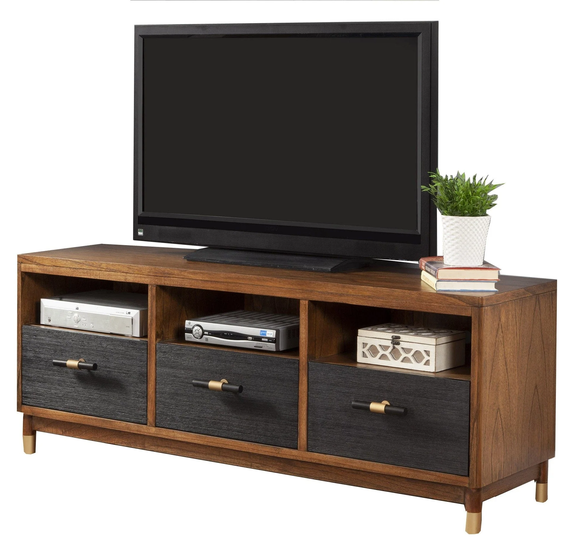 61" Brown and Black Solid Wood Open Shelving TV Stand - Image 5