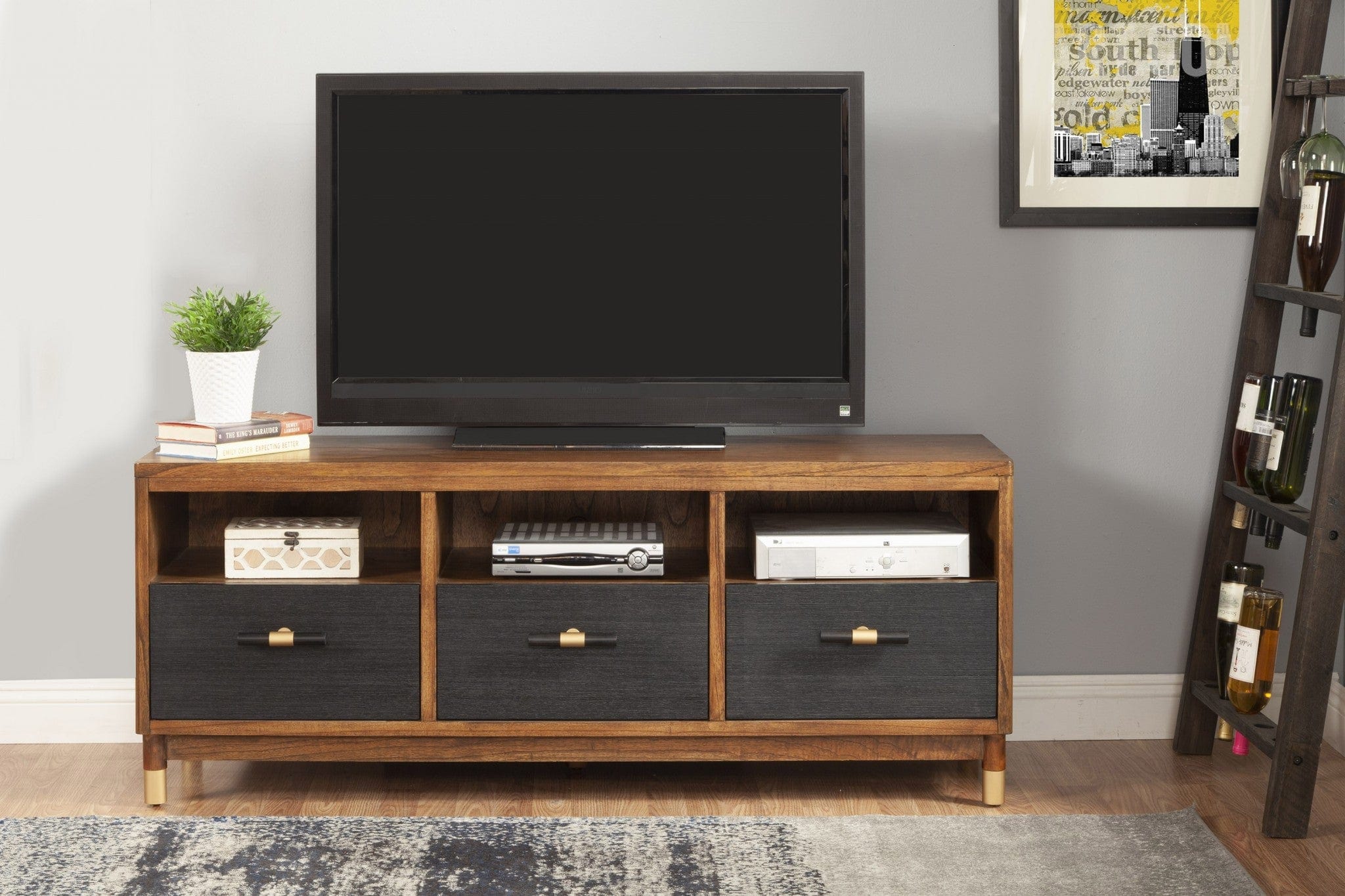 61" Brown and Black Solid Wood Open Shelving TV Stand - Image 6