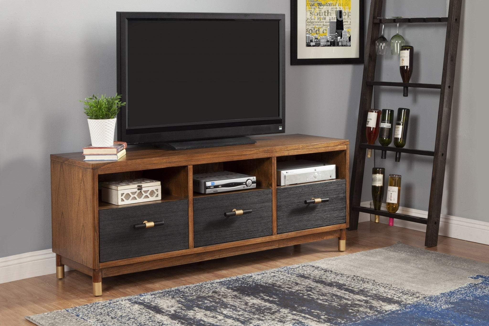 61" Brown and Black Solid Wood Open Shelving TV Stand - Image 7