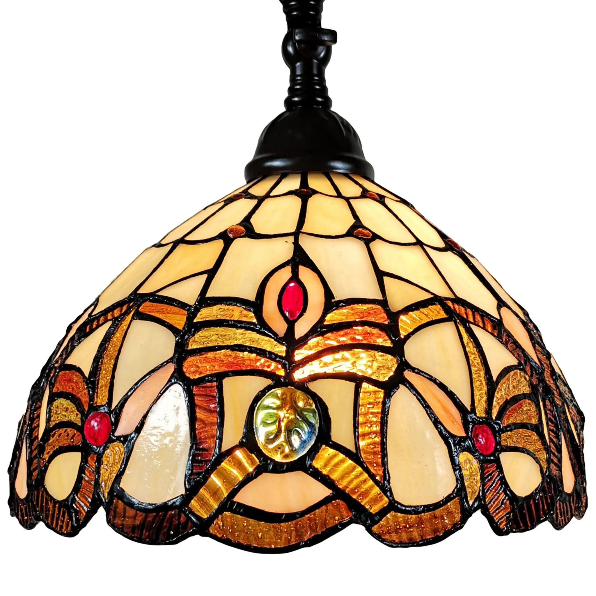 62" Brown Metal Arched Floor Lamp With Amber and Red Flowers Stained Glass Shade - Image 3