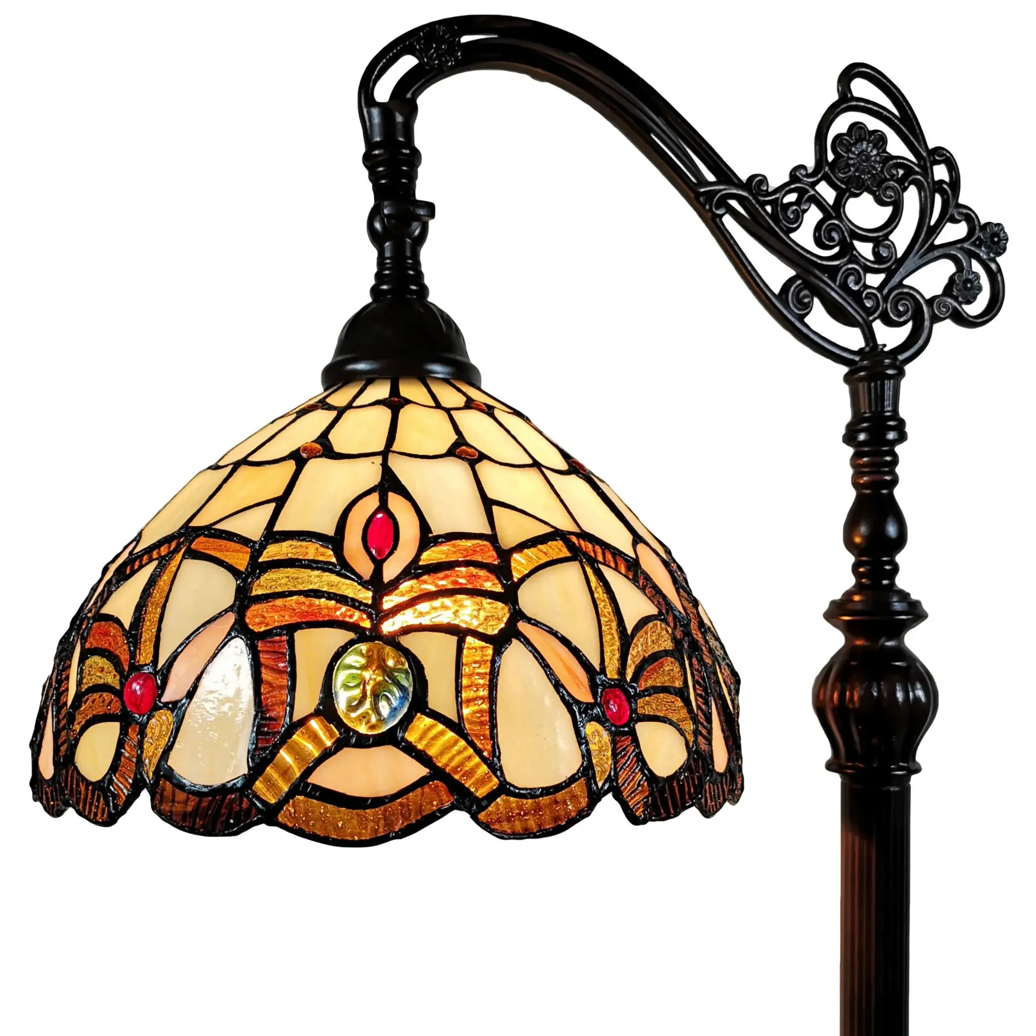 62" Brown Metal Arched Floor Lamp With Amber and Red Flowers Stained Glass Shade - Image 5