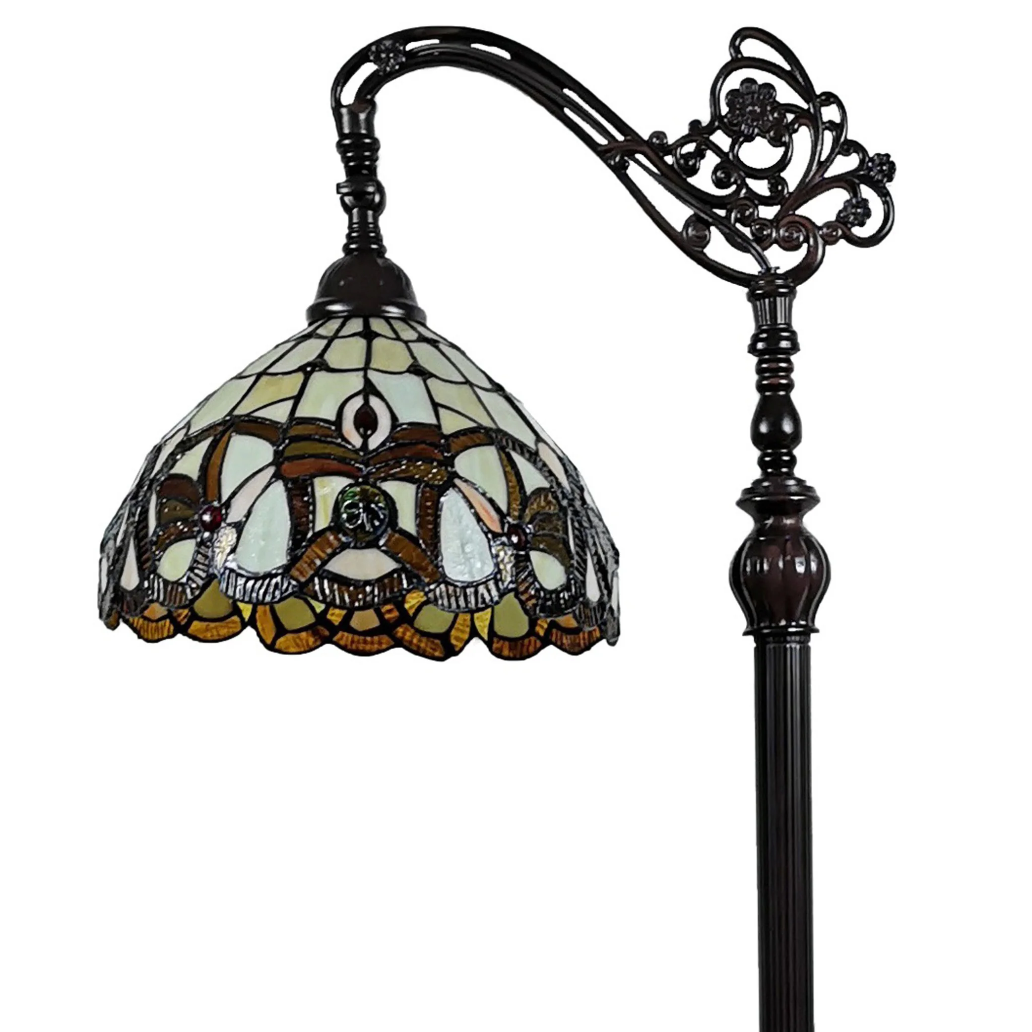 62" Brown Metal Arched Floor Lamp With Amber and Red Flowers Stained Glass Shade - Image 6