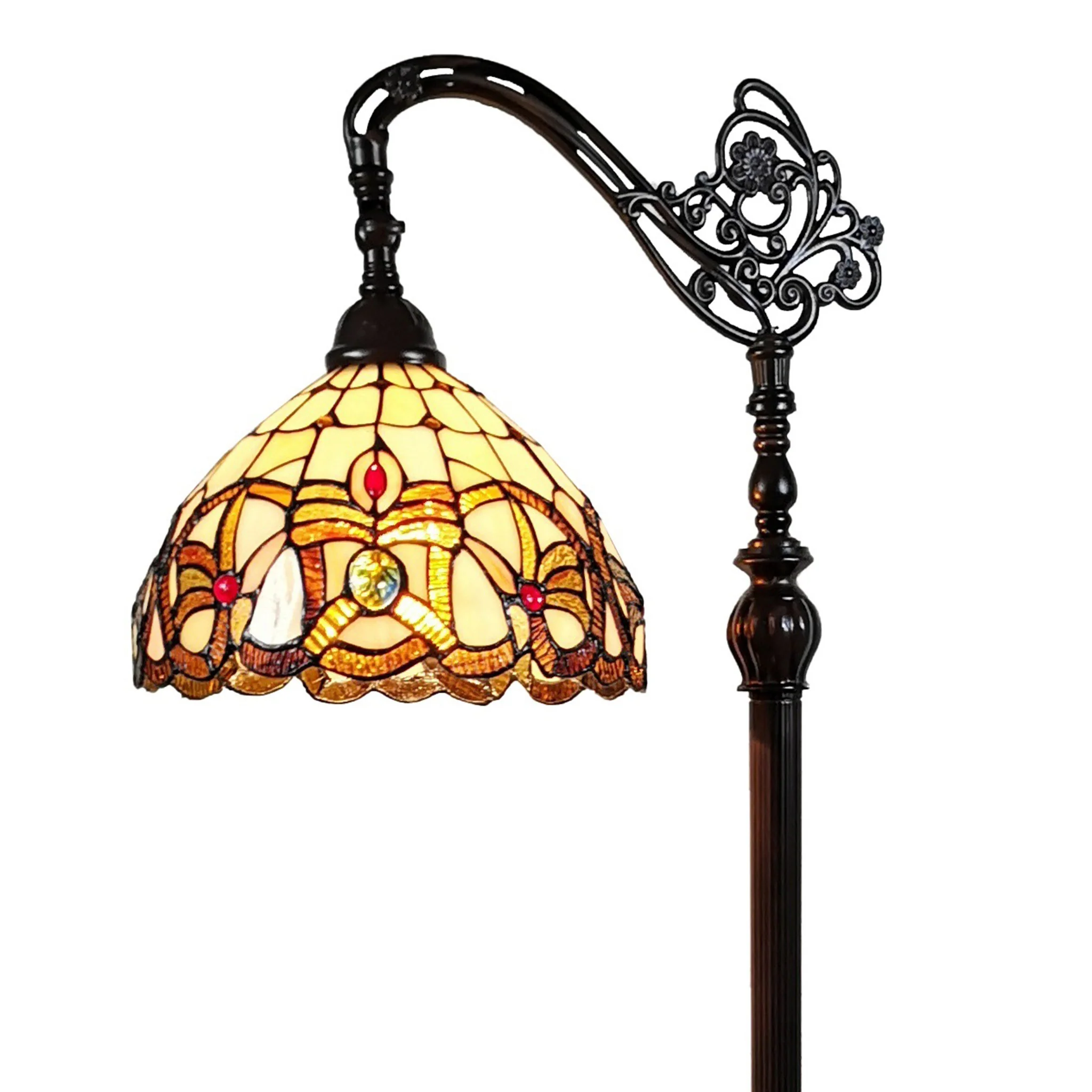 62" Brown Metal Arched Floor Lamp With Amber and Red Flowers Stained Glass Shade - Image 7