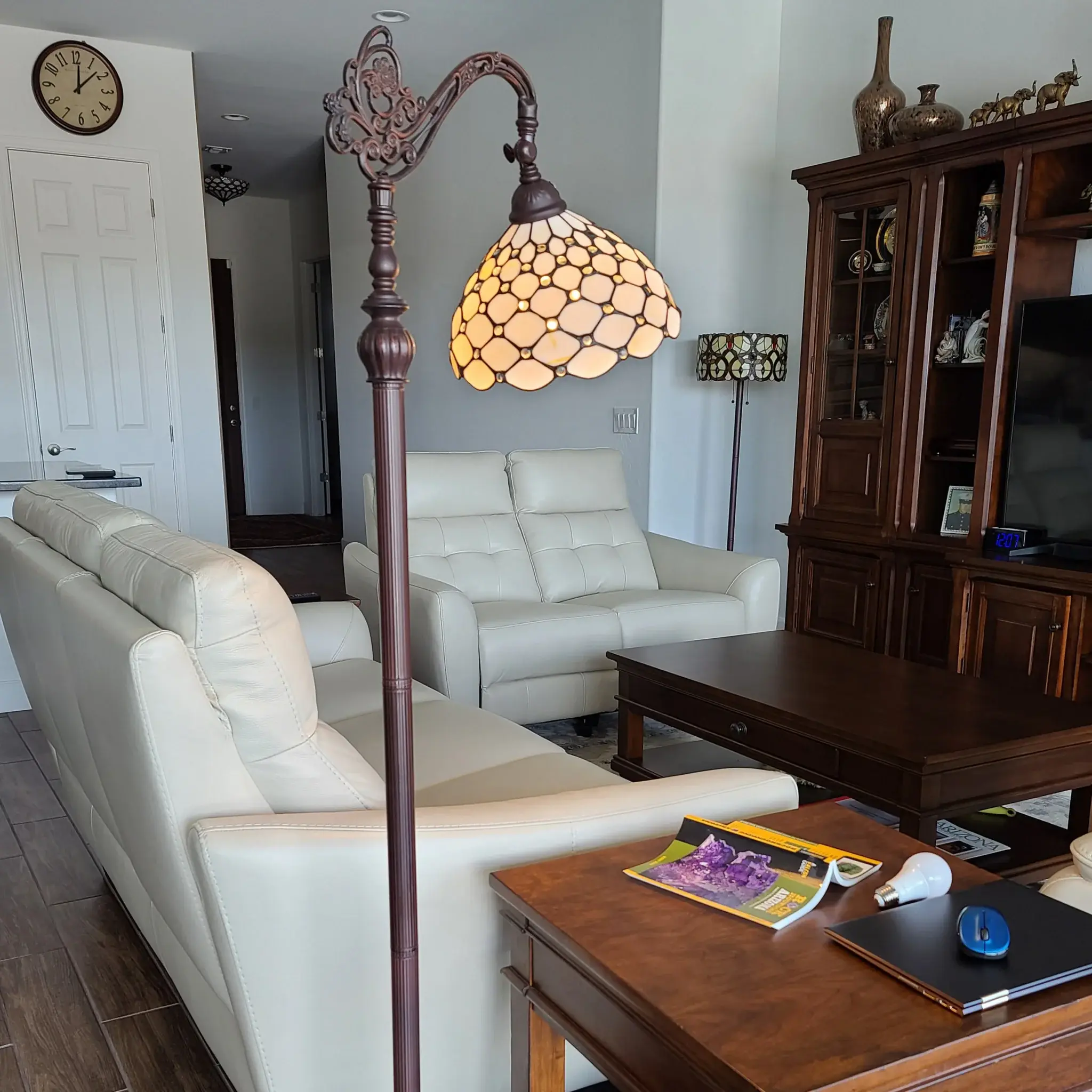 62" Brown Traditional Shaped Floor Lamp With White Stained Glass Bowl Shade - Image 5