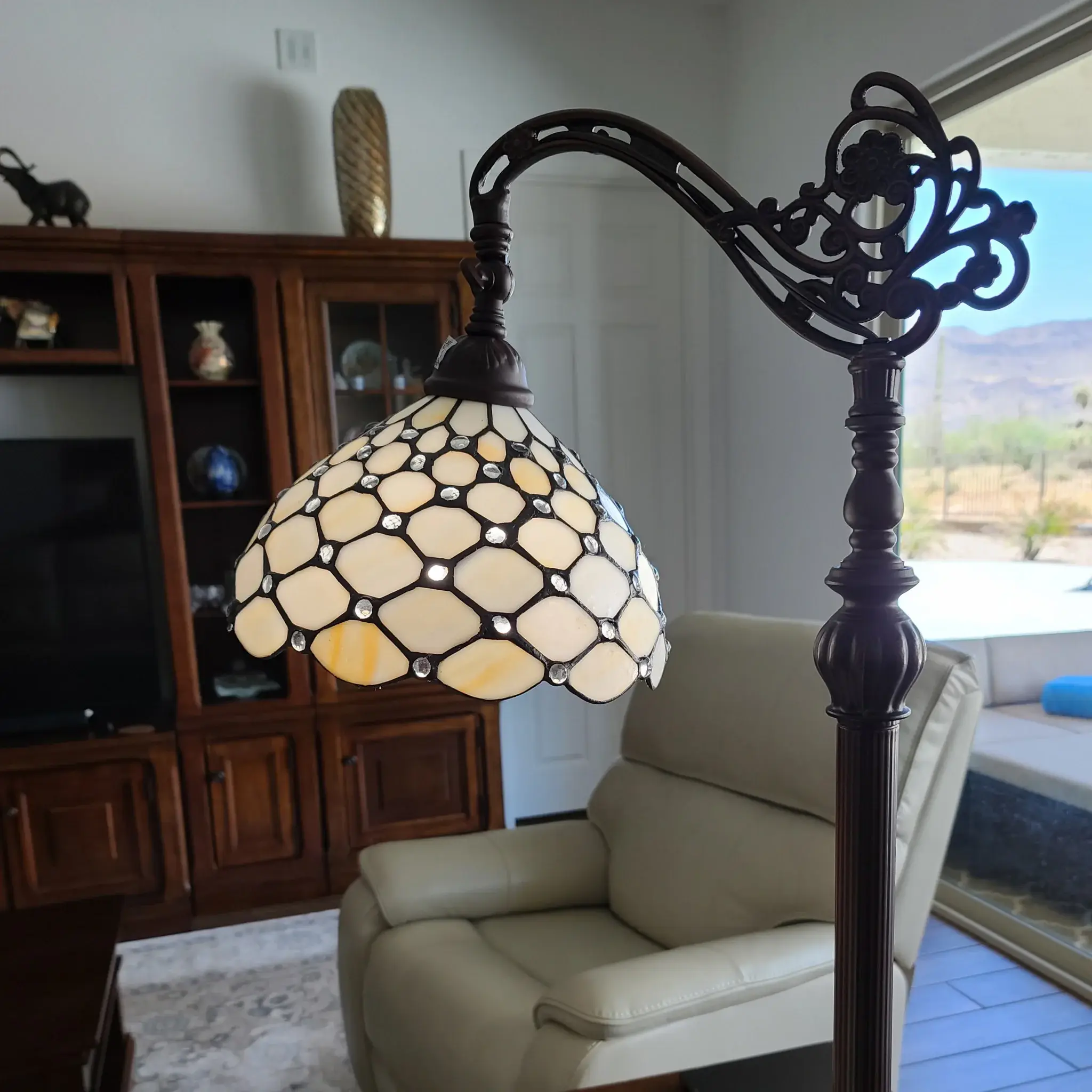 62" Brown Traditional Shaped Floor Lamp With White Stained Glass Bowl Shade - Image 6