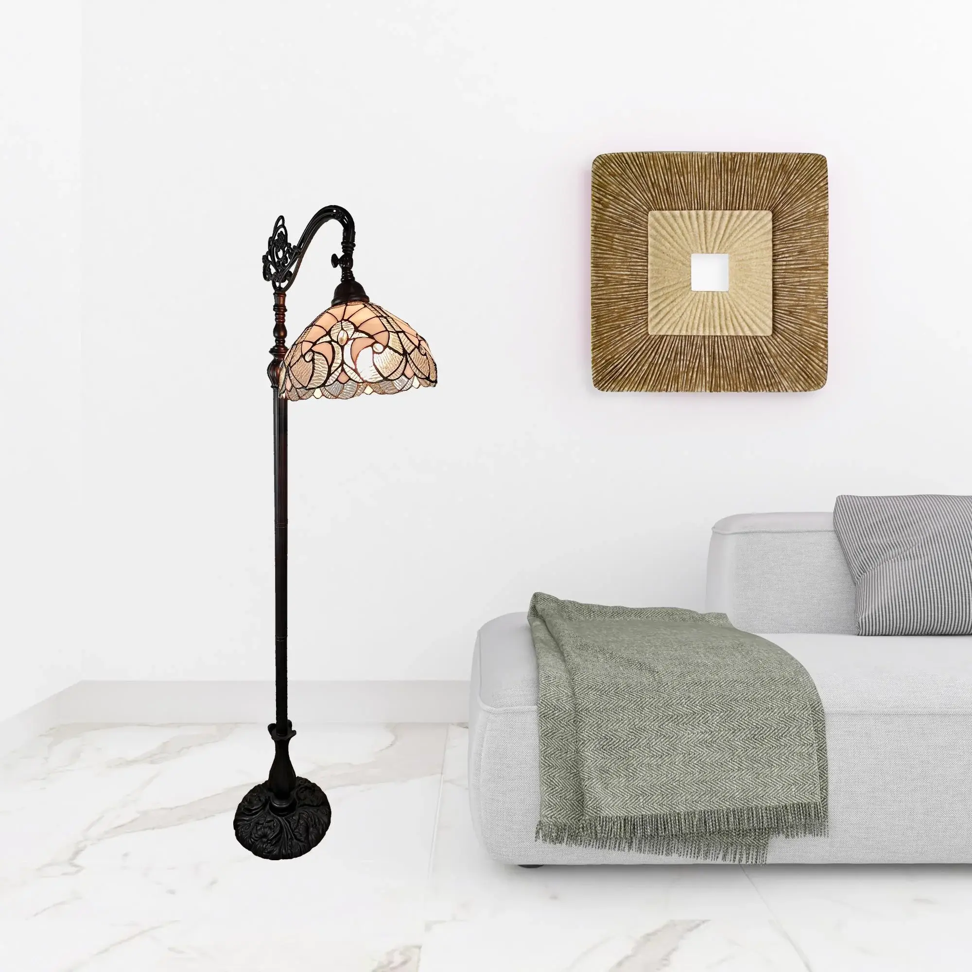 62" Brown Traditional Shaped Floor Lamp With White Stained Glass Bowl Shade - Image 6