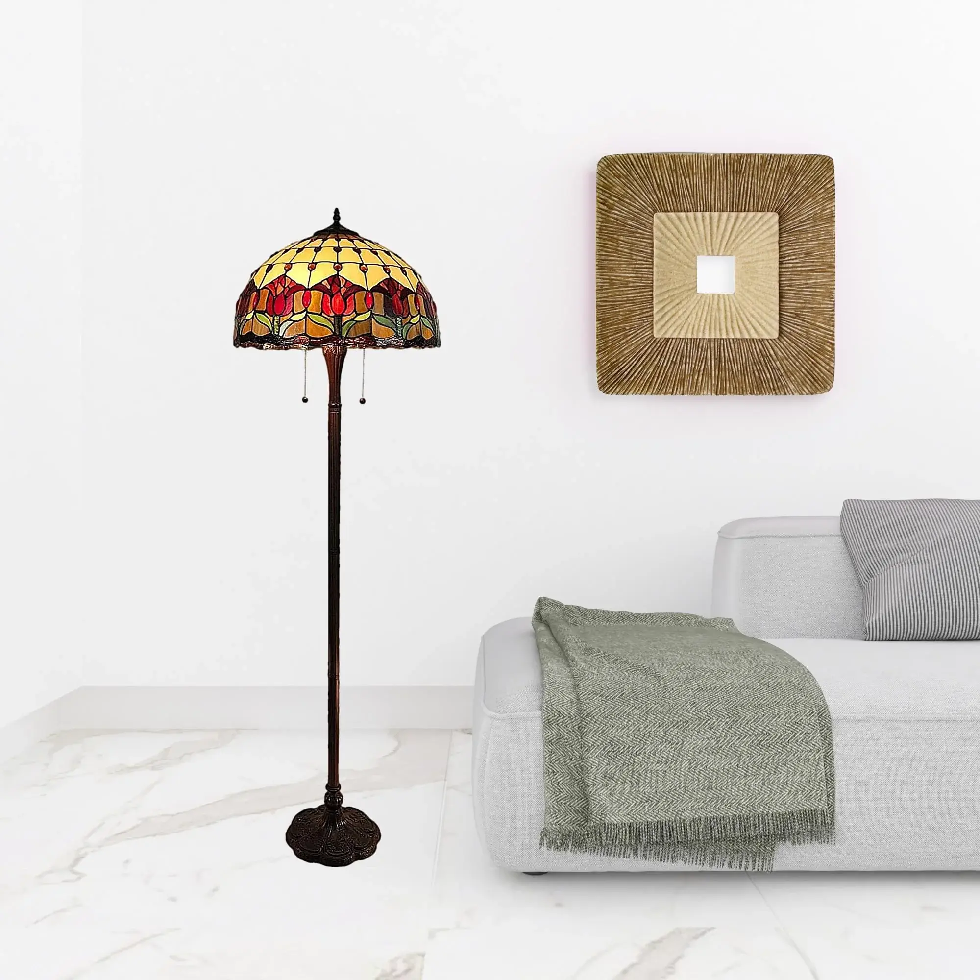 62" Brown Two Light Traditional Shaped Floor Lamp With Red Flowers Stained Glass Dome Shade - Image 2